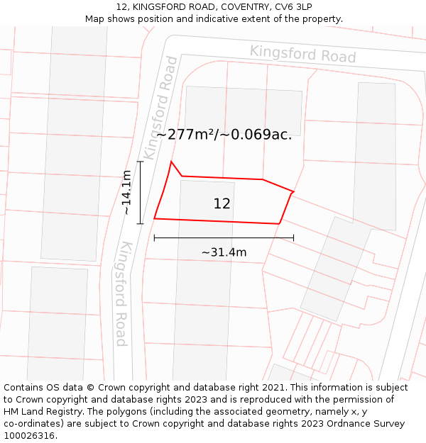 12, KINGSFORD ROAD, COVENTRY, CV6 3LP: Plot and title map