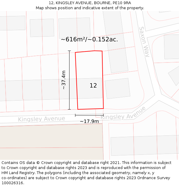 12, KINGSLEY AVENUE, BOURNE, PE10 9RA: Plot and title map