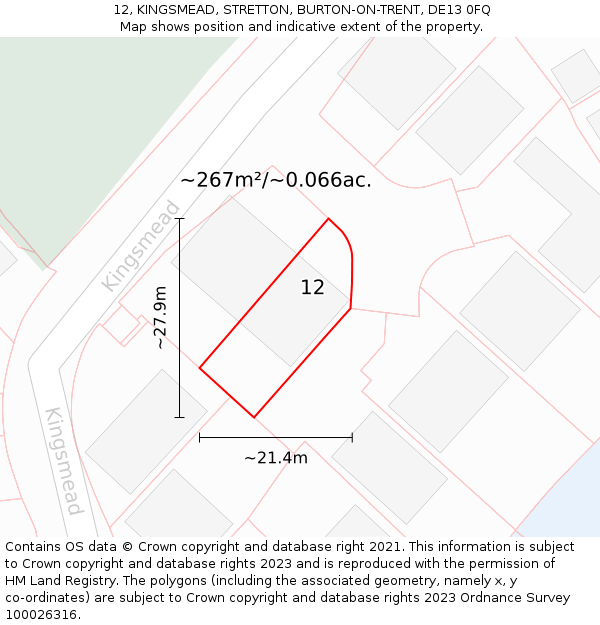 12, KINGSMEAD, STRETTON, BURTON-ON-TRENT, DE13 0FQ: Plot and title map