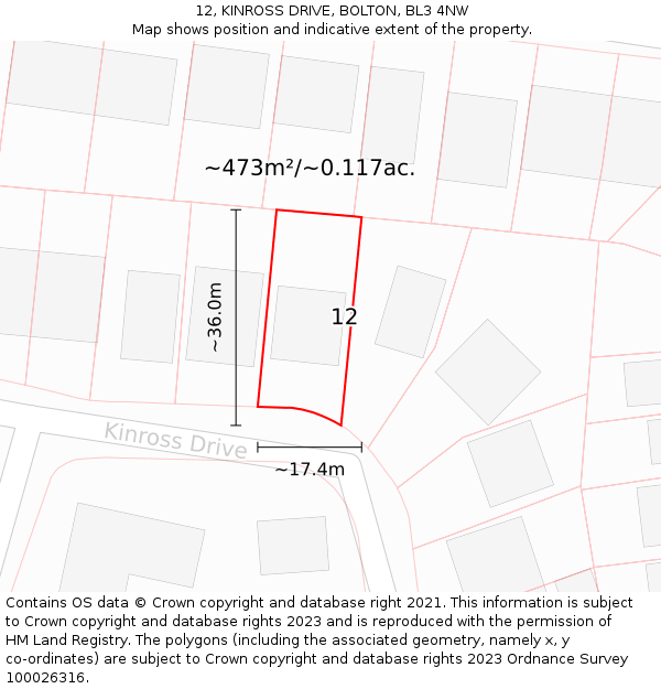 12, KINROSS DRIVE, BOLTON, BL3 4NW: Plot and title map
