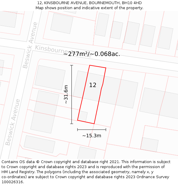 12, KINSBOURNE AVENUE, BOURNEMOUTH, BH10 4HD: Plot and title map