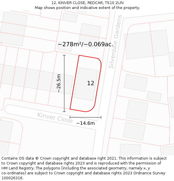 12, KINVER CLOSE, REDCAR, TS10 2UN: Plot and title map
