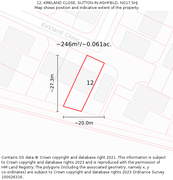 12, KIRKLAND CLOSE, SUTTON-IN-ASHFIELD, NG17 5HJ: Plot and title map