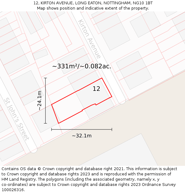 12, KIRTON AVENUE, LONG EATON, NOTTINGHAM, NG10 1BT: Plot and title map