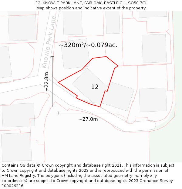 12, KNOWLE PARK LANE, FAIR OAK, EASTLEIGH, SO50 7GL: Plot and title map