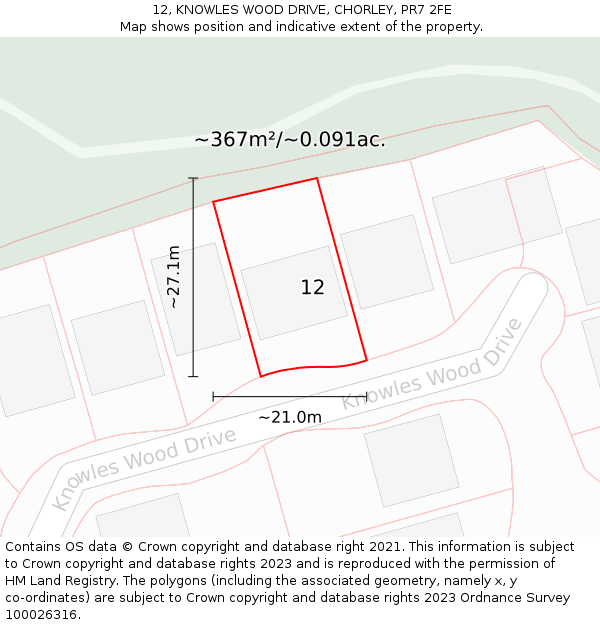 12, KNOWLES WOOD DRIVE, CHORLEY, PR7 2FE: Plot and title map