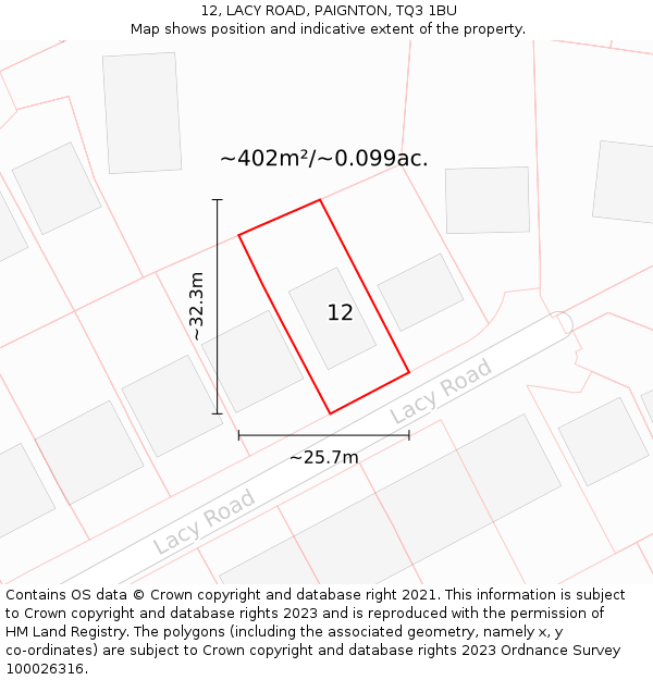 12, LACY ROAD, PAIGNTON, TQ3 1BU: Plot and title map