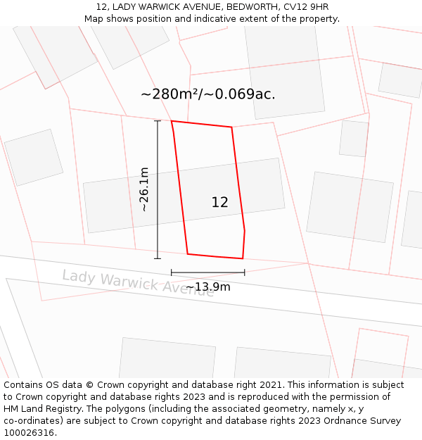 12, LADY WARWICK AVENUE, BEDWORTH, CV12 9HR: Plot and title map