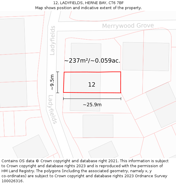 12, LADYFIELDS, HERNE BAY, CT6 7BF: Plot and title map