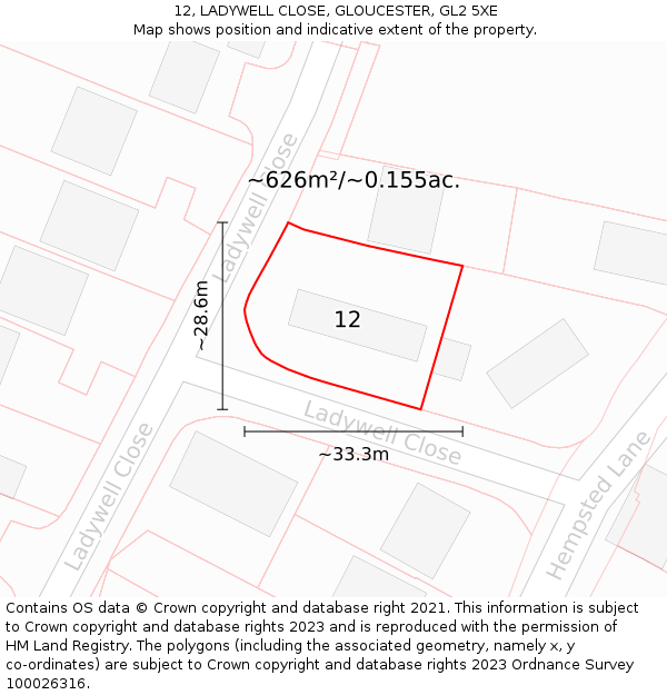 12, LADYWELL CLOSE, GLOUCESTER, GL2 5XE: Plot and title map