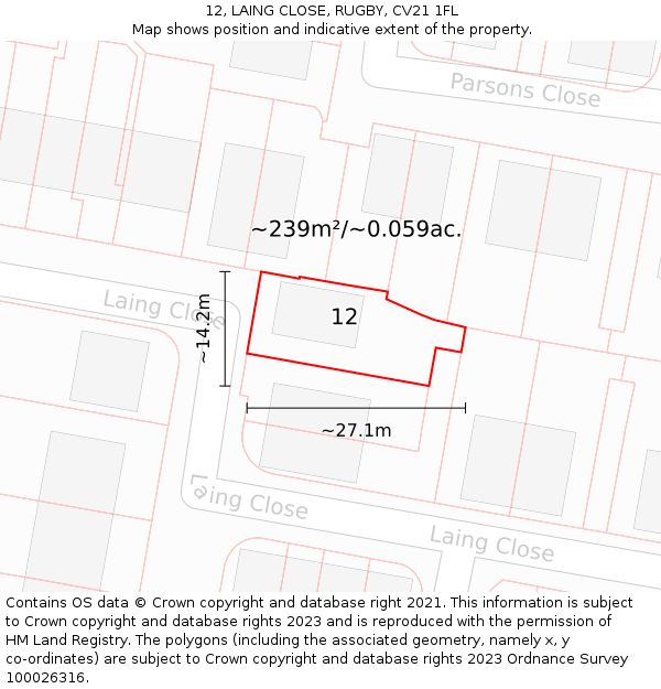12, LAING CLOSE, RUGBY, CV21 1FL: Plot and title map