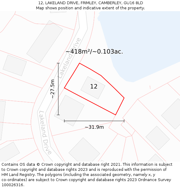 12, LAKELAND DRIVE, FRIMLEY, CAMBERLEY, GU16 8LD: Plot and title map