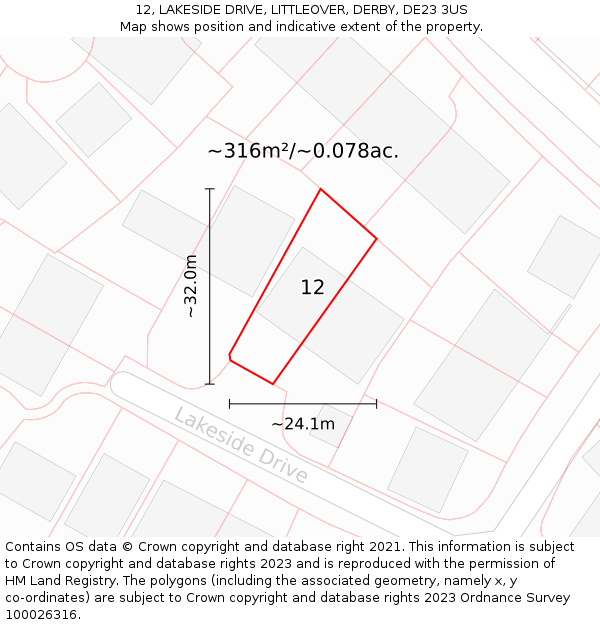 12, LAKESIDE DRIVE, LITTLEOVER, DERBY, DE23 3US: Plot and title map