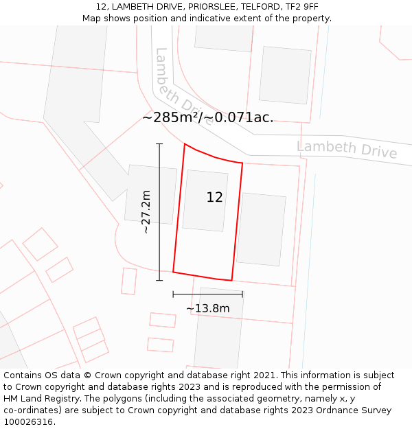 12, LAMBETH DRIVE, PRIORSLEE, TELFORD, TF2 9FF: Plot and title map