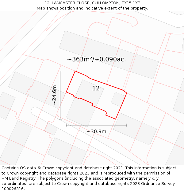 12, LANCASTER CLOSE, CULLOMPTON, EX15 1XB: Plot and title map