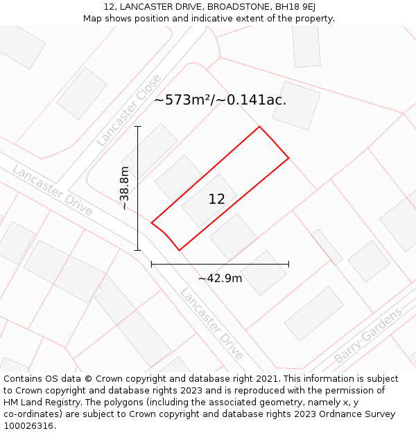 12, LANCASTER DRIVE, BROADSTONE, BH18 9EJ: Plot and title map