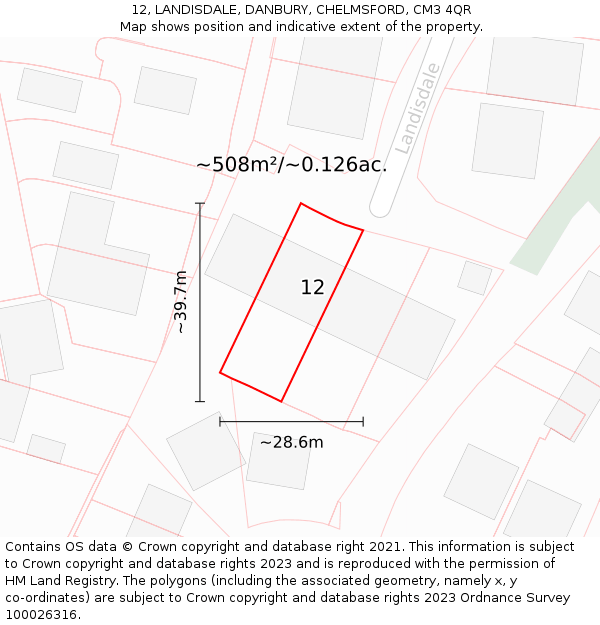 12, LANDISDALE, DANBURY, CHELMSFORD, CM3 4QR: Plot and title map