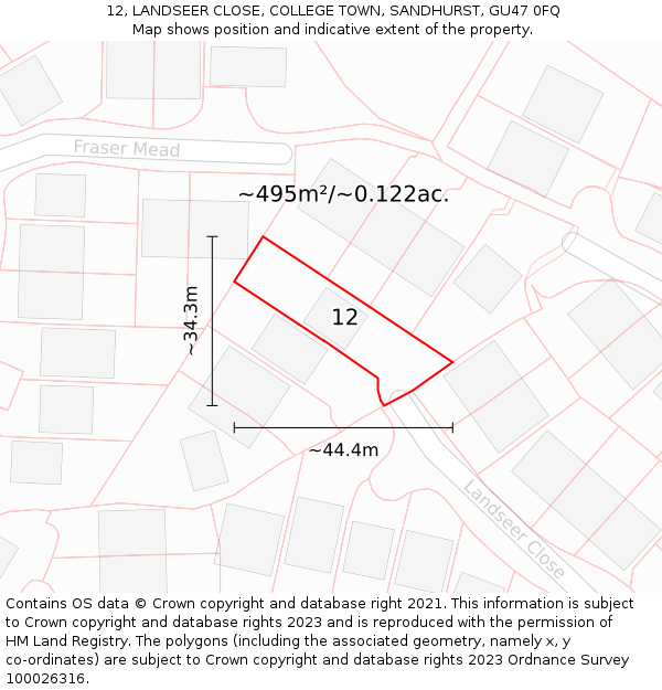 12, LANDSEER CLOSE, COLLEGE TOWN, SANDHURST, GU47 0FQ: Plot and title map