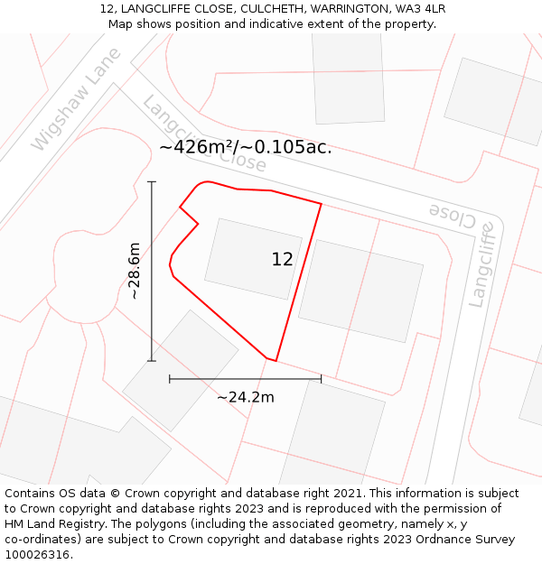 12, LANGCLIFFE CLOSE, CULCHETH, WARRINGTON, WA3 4LR: Plot and title map