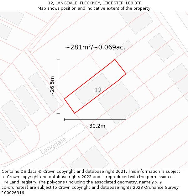 12, LANGDALE, FLECKNEY, LEICESTER, LE8 8TF: Plot and title map