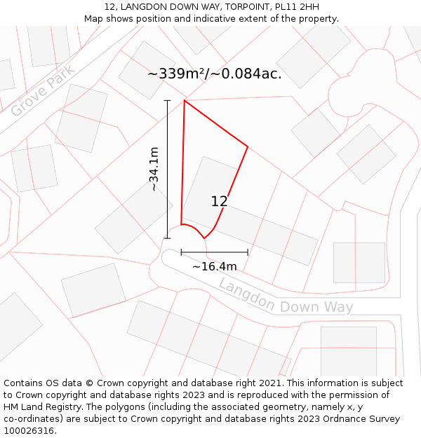 12, LANGDON DOWN WAY, TORPOINT, PL11 2HH: Plot and title map