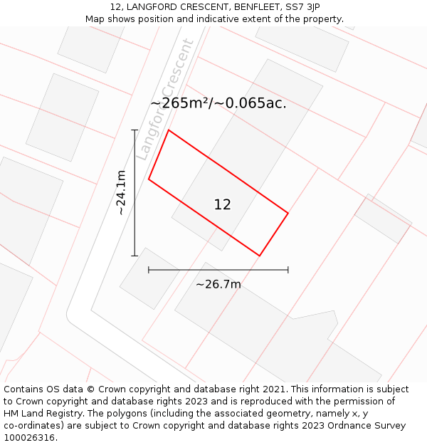 12, LANGFORD CRESCENT, BENFLEET, SS7 3JP: Plot and title map