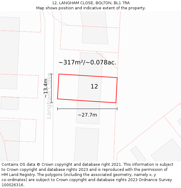 12, LANGHAM CLOSE, BOLTON, BL1 7RA: Plot and title map