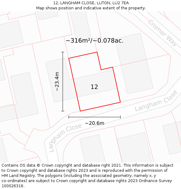 12, LANGHAM CLOSE, LUTON, LU2 7EA: Plot and title map