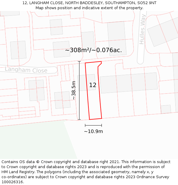 12, LANGHAM CLOSE, NORTH BADDESLEY, SOUTHAMPTON, SO52 9NT: Plot and title map