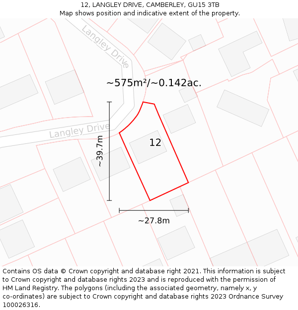 12, LANGLEY DRIVE, CAMBERLEY, GU15 3TB: Plot and title map