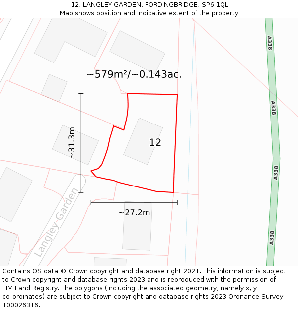 12, LANGLEY GARDEN, FORDINGBRIDGE, SP6 1QL: Plot and title map