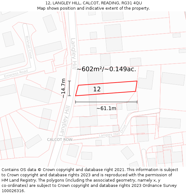 12, LANGLEY HILL, CALCOT, READING, RG31 4QU: Plot and title map