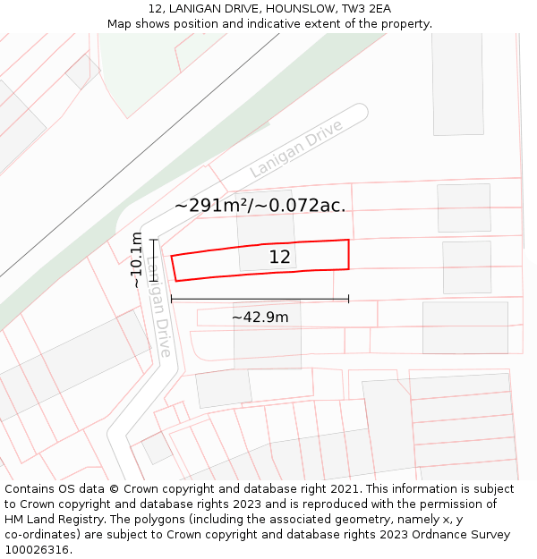 12, LANIGAN DRIVE, HOUNSLOW, TW3 2EA: Plot and title map