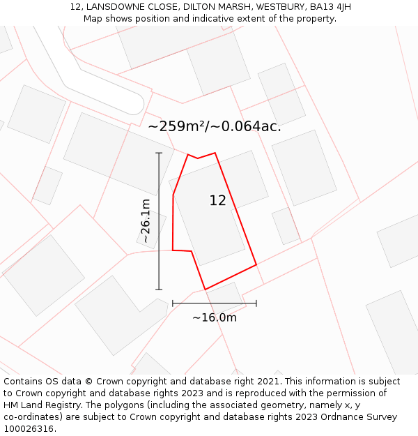 12, LANSDOWNE CLOSE, DILTON MARSH, WESTBURY, BA13 4JH: Plot and title map