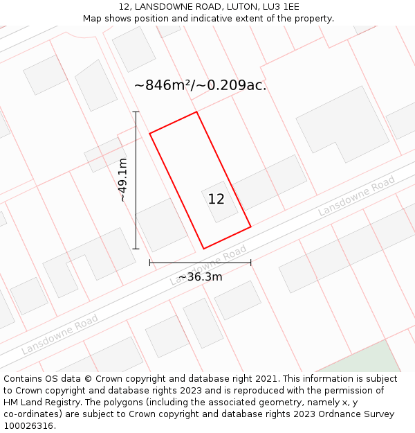 12, LANSDOWNE ROAD, LUTON, LU3 1EE: Plot and title map