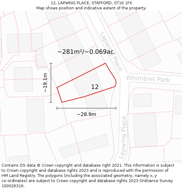 12, LAPWING PLACE, STAFFORD, ST16 1FX: Plot and title map