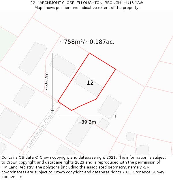 12, LARCHMONT CLOSE, ELLOUGHTON, BROUGH, HU15 1AW: Plot and title map