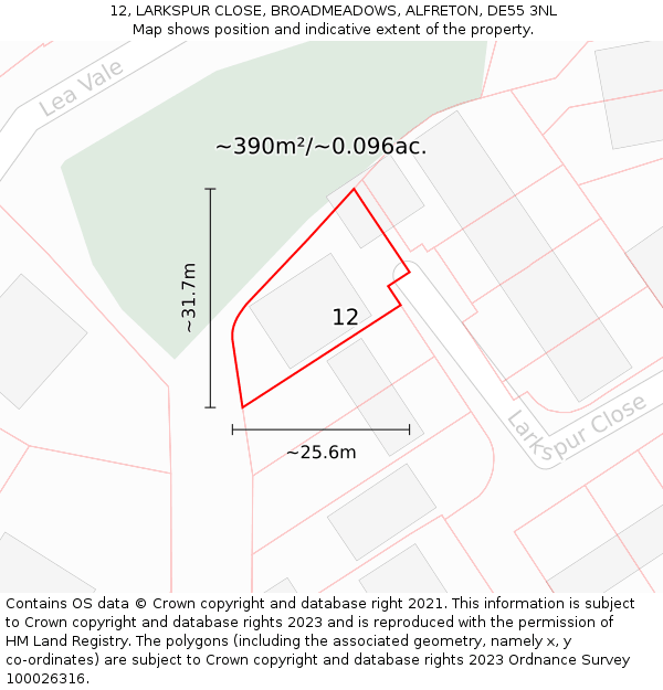 12, LARKSPUR CLOSE, BROADMEADOWS, ALFRETON, DE55 3NL: Plot and title map