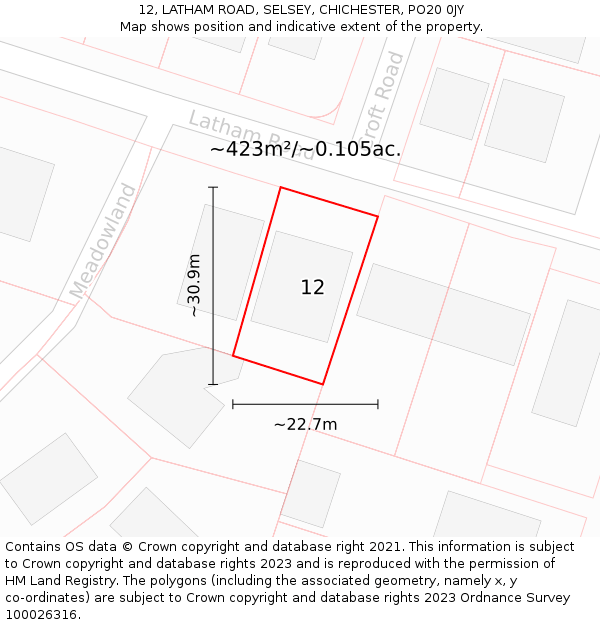 12, LATHAM ROAD, SELSEY, CHICHESTER, PO20 0JY: Plot and title map
