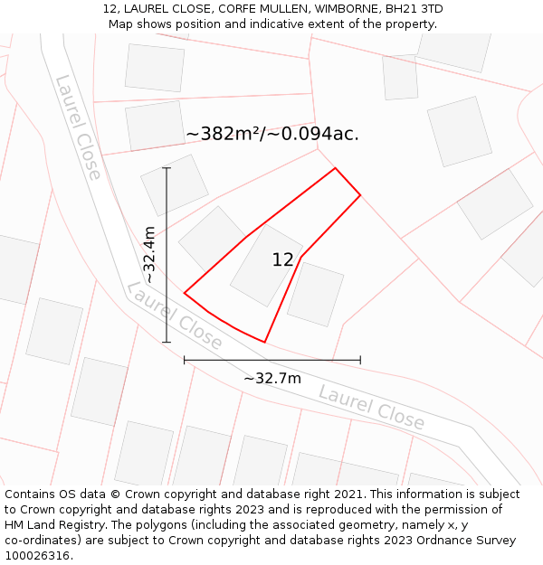 12, LAUREL CLOSE, CORFE MULLEN, WIMBORNE, BH21 3TD: Plot and title map