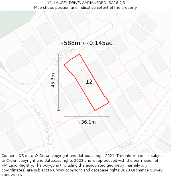 12, LAUREL DRIVE, AMMANFORD, SA18 2JS: Plot and title map