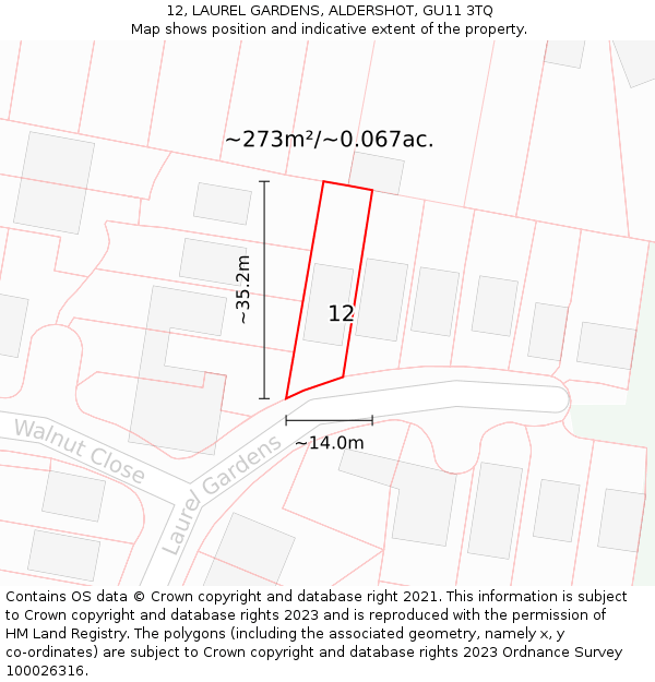 12, LAUREL GARDENS, ALDERSHOT, GU11 3TQ: Plot and title map