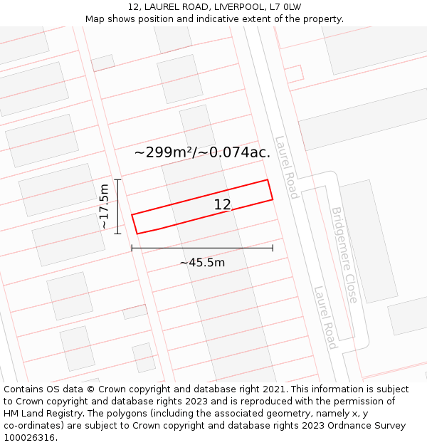 12, LAUREL ROAD, LIVERPOOL, L7 0LW: Plot and title map