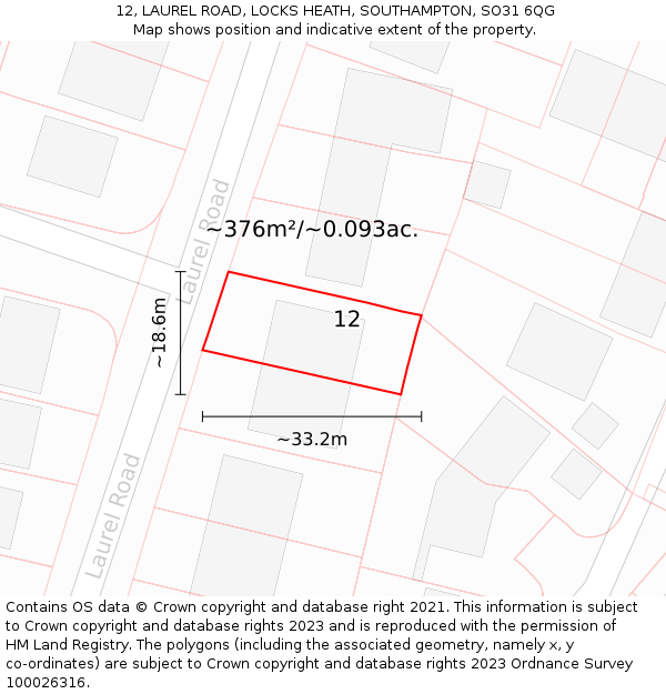 12, LAUREL ROAD, LOCKS HEATH, SOUTHAMPTON, SO31 6QG: Plot and title map