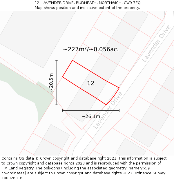 12, LAVENDER DRIVE, RUDHEATH, NORTHWICH, CW9 7EQ: Plot and title map