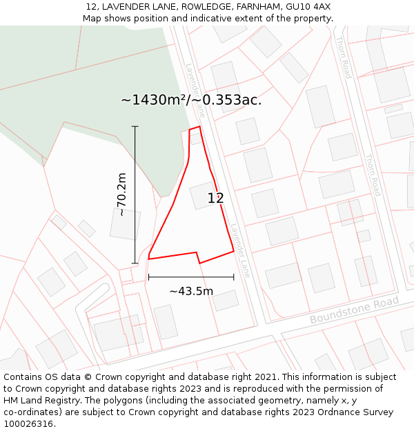 12, LAVENDER LANE, ROWLEDGE, FARNHAM, GU10 4AX: Plot and title map