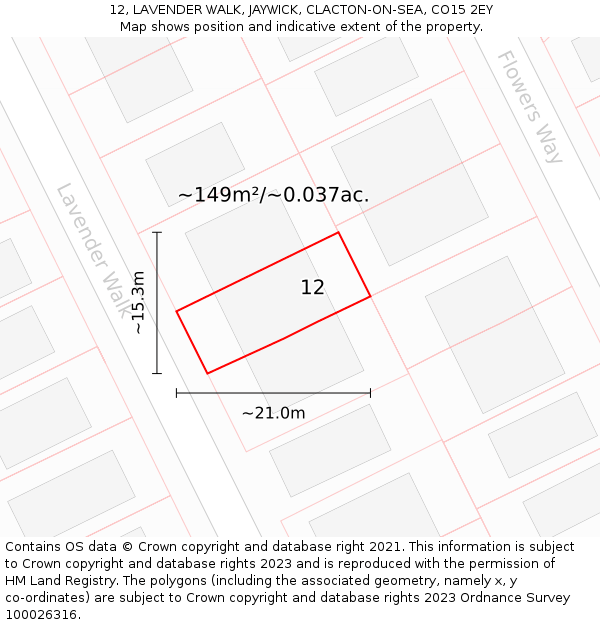 12, LAVENDER WALK, JAYWICK, CLACTON-ON-SEA, CO15 2EY: Plot and title map
