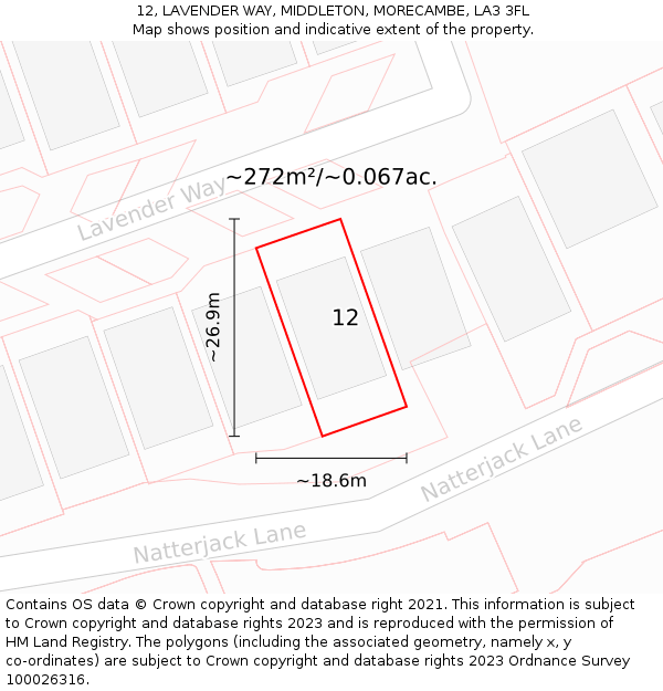 12, LAVENDER WAY, MIDDLETON, MORECAMBE, LA3 3FL: Plot and title map