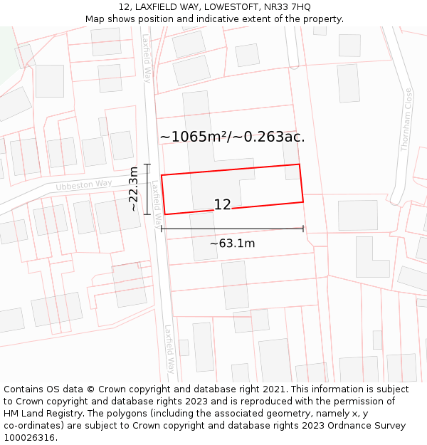 12, LAXFIELD WAY, LOWESTOFT, NR33 7HQ: Plot and title map