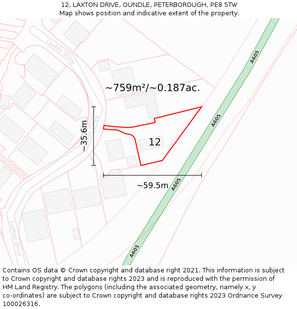 12, LAXTON DRIVE, OUNDLE, PETERBOROUGH, PE8 5TW: Plot and title map